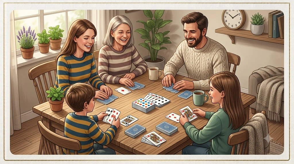 Family enjoying the War card game during game night.