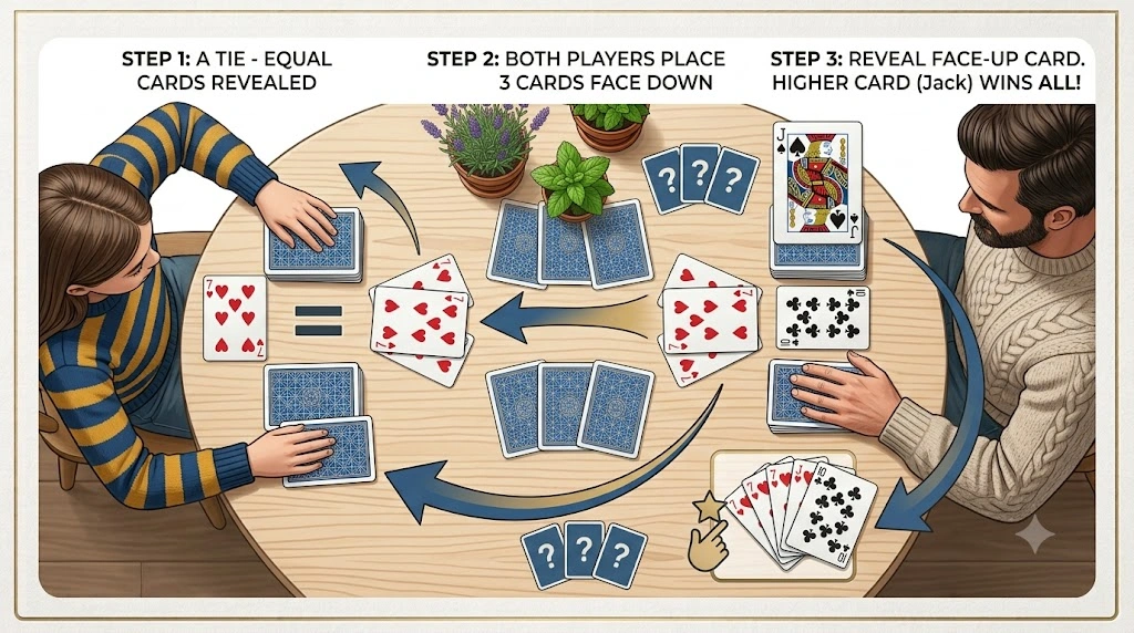 Infographic showing how a war round works in the War card game.