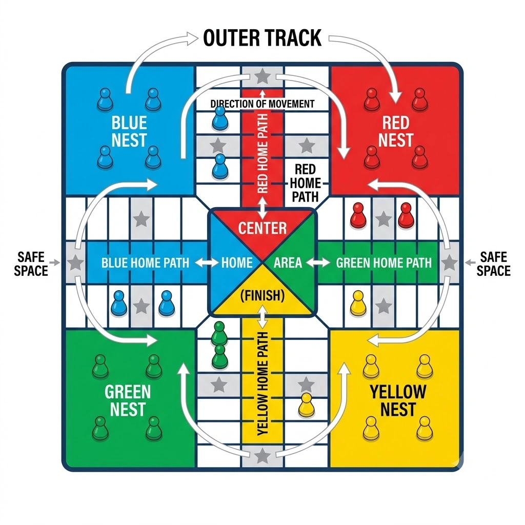 Labeled diagram of a Parcheesi board