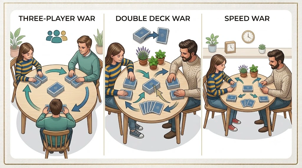 Illustration showing popular variations of the War card game.
