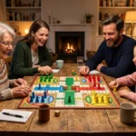 Family playing Parcheesi board game at home.