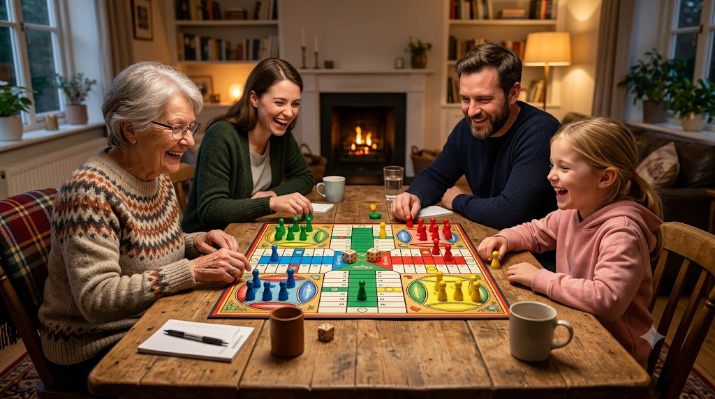Family playing Parcheesi board game at home.